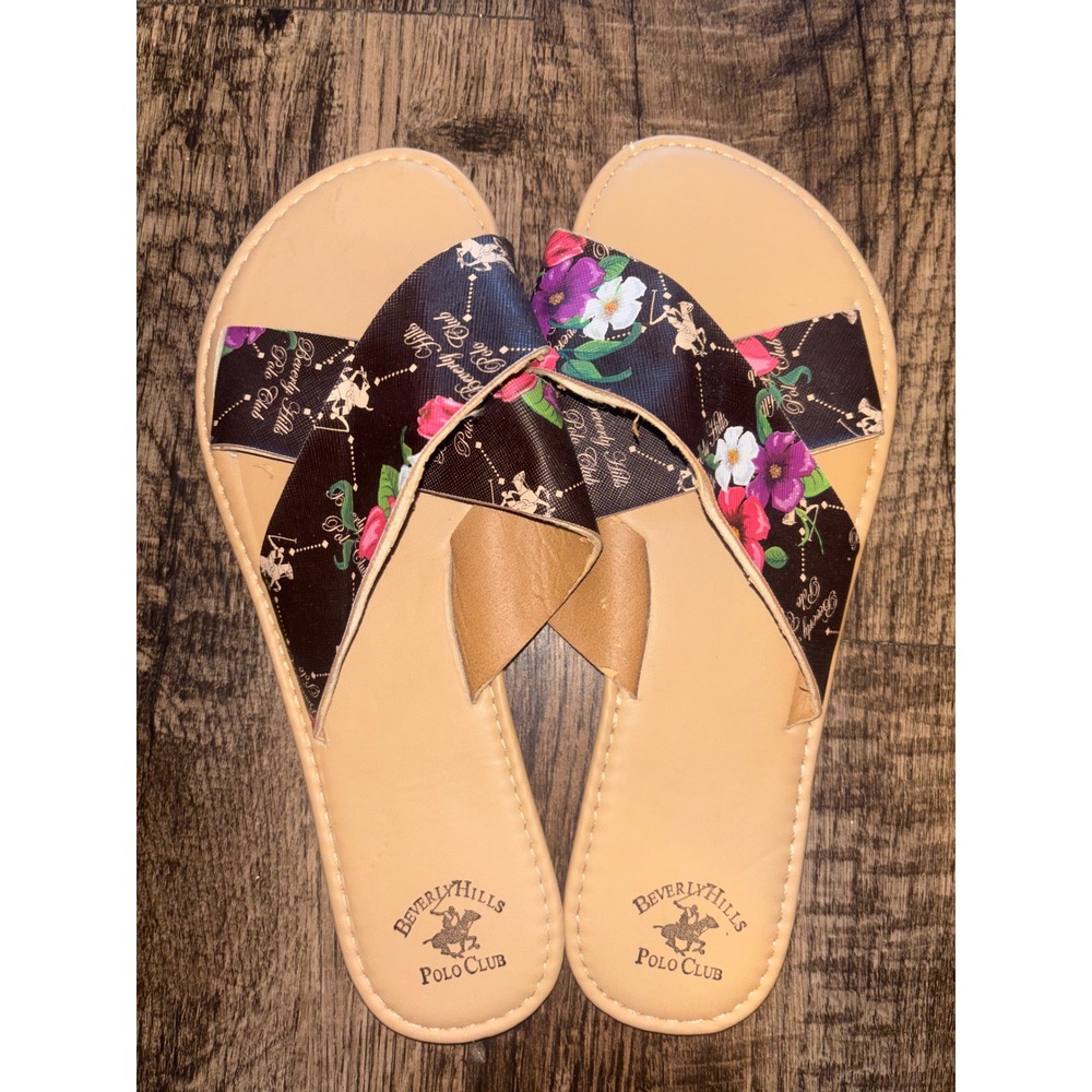 Beverly Hills Polo Club Womens Floral Crisscross Slide Sandals Brown Size 10